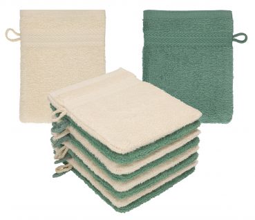 Betz set di 10 guanti da bagno PREMIUM 100 % cotone misure 16 x 21 cm sabbia - verde abete