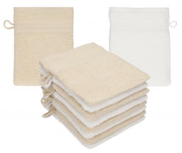 Betz set di 10 guanti da bagno PREMIUM 100 % cotone misure 16 x 21 cm sabbia - bianco
