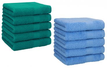 Betz 10 Piece Towel Set PREMIUM 100% Cotton 10 Face Cloths Colour: emerald green & light blue