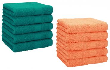 Betz 10 Piece Towel Set PREMIUM 100% Cotton 10 Face Cloths Colour: emerald green & orange