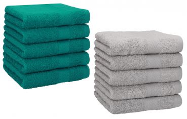 Betz 10 Piece Towel Set PREMIUM 100% Cotton 10 Face Cloths Colour: emerald green & silver grey