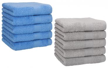 Betz 10 Piece Towel Set PREMIUM 100% Cotton 10 Face Cloths Colour: light blue & silver grey