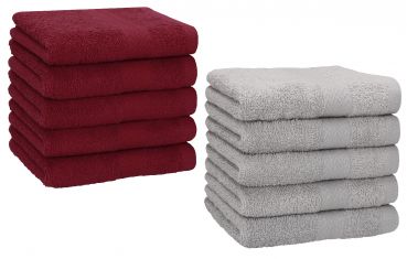 Betz 10 Piece Towel Set PREMIUM 100% Cotton 10 Face Cloths Colour: dark red & silver grey