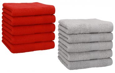 Betz 10 Piece Towel Set PREMIUM 100% Cotton 10 Face Cloths Colour: red & silver grey