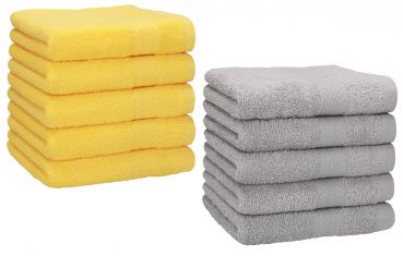 Pack of 10 Wash Cloths Flannel Towels PREMIUM 100% Cotton 30x30 cm (silver grey & yellow)