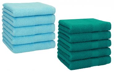 Pack of 10 Wash Cloths Flannel Towels PREMIUM 100% Cotton 30x30 cm (emerald green & turquoise)