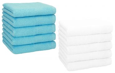 Lot de 10 serviettes débarbouillettes "Premium" couleur: turquoise & blanc, taille: 30x30 cm