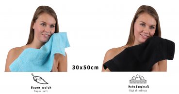 Lot de 10 serviettes d'invité "Premium" taille 30 x 50 cm couleur bleu turquoise/noir, qualité 470g/m², 10 serviettes d'invité 30x50 cm en coton de Betz