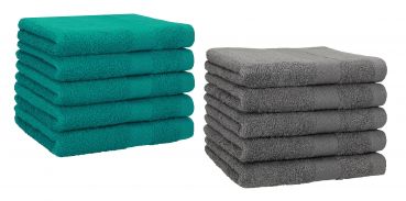 Set di 10 asciugamani per gli ospiti &#8220;Premium&#8221;, colore: verde smeraldo e grigio antracite, misura:  30 x 50 cm