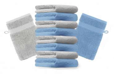 Betz 10 Stück Waschhandschuhe PREMIUM 100% Baumwolle Waschlappen Set 16x21 cm Farbe hellblau und silbergrau