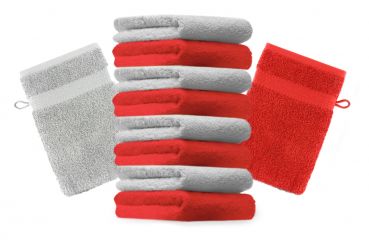 Betz 10 Stück Waschhandschuhe PREMIUM 100% Baumwolle Waschlappen Set 16x21 cm Farbe rot und silbergrau