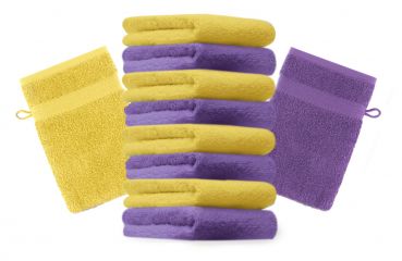 Betz Set di 10 guanti da bagno Premium misure 16 x 21 cm 100% cotone lilla e giallo