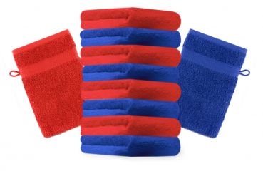 Lot de 10 gants de toilette "Premium" bleu royal et rouge, taille: 16x21 cm