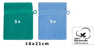 Betz 10 Stück Waschhandschuhe PREMIUM 100% Baumwolle Waschlappen Set 16x21 cm Farbe smaragdgrün und hellblau