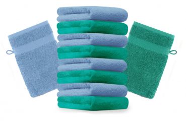 Lot de 10 gants de toilette "Premium" vert émeraude et bleu clair, taille: 16x21 cm