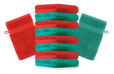 Lot de 10 gants de toilette "Premium" vert émeraude et rouge, taille: 16x21 cm