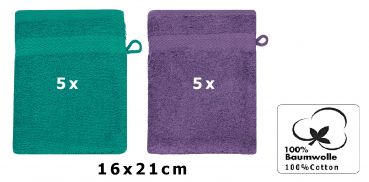 Betz 10 Stück Waschhandschuhe PREMIUM 100% Baumwolle Waschlappen Set 16x21 cm Farbe smaragdgrün und lila