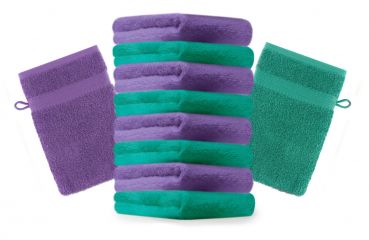 Betz Set di 10 guanti da bagno Premium misure 16 x 21 cm 100% cotone verde smeraldo e lilla