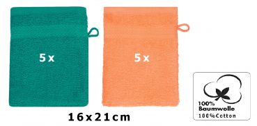 Betz 10 Stück Waschhandschuhe PREMIUM 100% Baumwolle Waschlappen Set 16x21 cm Farbe smaragdgrün und orange