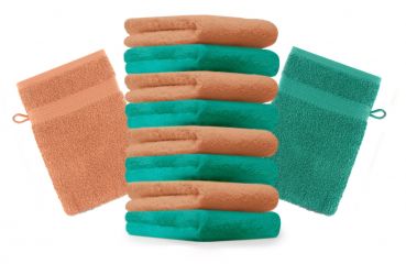 Betz 10 Stück Waschhandschuhe PREMIUM 100% Baumwolle Waschlappen Set 16x21 cm Farbe smaragdgrün und orange
