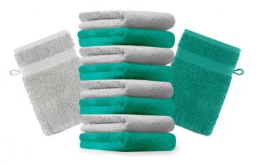 Lot de 10 gants de toilette "Premium" vert émeraude et gris argenté, taille: 16x21 cm