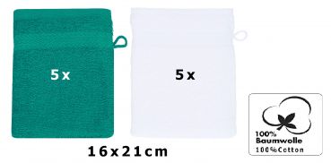 Betz Set di 10 guanti da bagno Premium misure 16 x 21 cm 100% cotone verde smeraldo e bianco