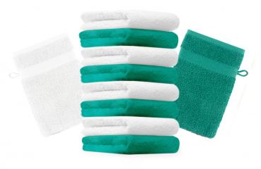 Lot de 10 gants de toilette "Premium" vert émeraude et blanc, taille: 16x21 cm