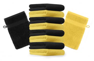 Lot de 10 gants de toilette "Premium" jaune et noir, taille: 16x21 cm