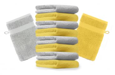 Lot de 10 gants de toilette "Premium" jaune et gris argenté, taille: 16x21 cm