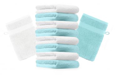 Lot de 10 gants de toilette "Premium" bleu turquoise et blanc, taille: 16x21 cm