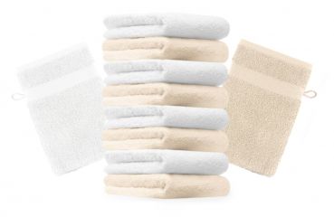 Betz Set di 10 guanti da bagno Premium misure 16 x 21 cm 100% cotone beige e bianco