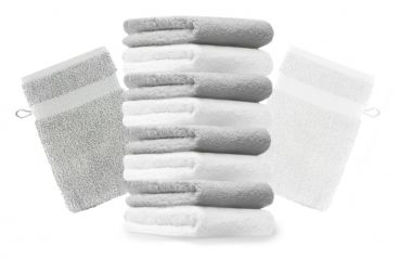 Lot de 10 gants de toilette "Premium" blanc et gris argenté, taille: 16x21 cm