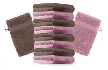 Betz Set di 10 guanti da bagno Premium misure 16 x 21 cm 100% cotone rosa antico e marrone noce