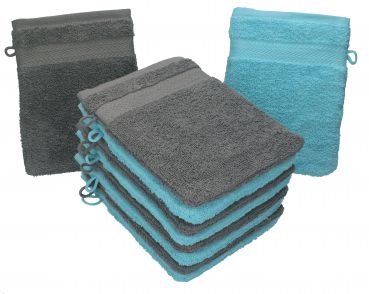 Lot de 10 gants de toilette "Premium" gris anthracite et bleu turquoise, taille: 16x21 cm