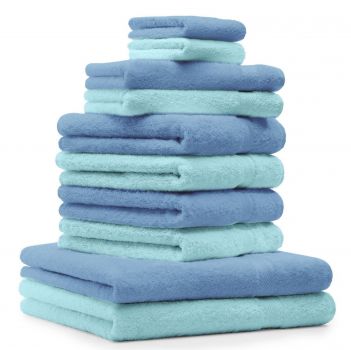 Betz Juego de 10 toallas CLASSIC 100% algodón 2 toallas de baño 4 toallas de lavabo 2 toallas de tocador 2 toallas faciales turquesa y azul celeste