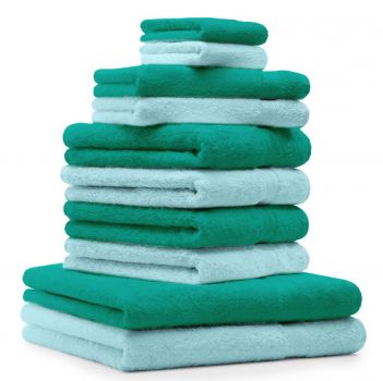 Betz Set di 10 asciugamani Classic-Premium 2 lavette 2 asciugamani per ospiti 4 asciugamani 2 asciugamani da doccia 100 % cotone colore turchese e verde smeraldo