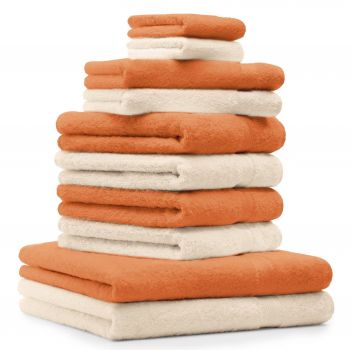 Betz Juego de 10 toallas CLASSIC 100% algodón 2 toallas de baño 4 toallas de lavabo 2 toallas de tocador 2 toallas faciales beige y naranja