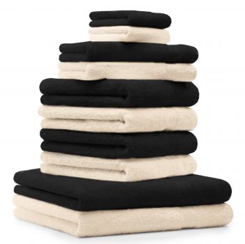 Betz 10-tlg. Handtuch-Set CLASSIC 100% Baumwolle 2 Duschtücher 4 Handtücher 2 Gästetücher 2 Seiftücher Farbe beige und schwarz