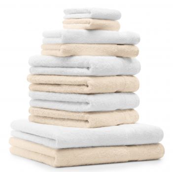 Betz Juego de 10 toallas CLASSIC 100% algodón 2 toallas de baño 4 toallas de lavabo 2 toallas de tocador 2 toallas faciales beige y blanco