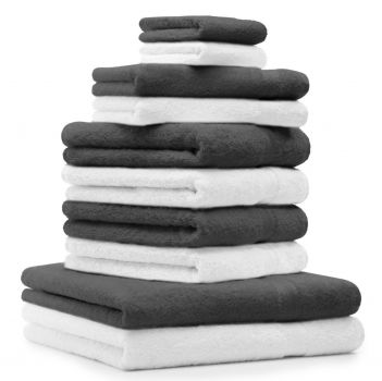 Betz Juego de 10 toallas CLASSIC 100% algodón 2 toallas de baño 4 toallas de lavabo 2 toallas de tocador 2 toallas faciales blanco y gris antracita