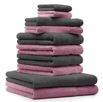 Betz Juego de 10 toallas CLASSIC 100% algodón 2 toallas de baño 4 toallas de lavabo 2 toallas de tocador 2 toallas faciales rosa y gris antracita