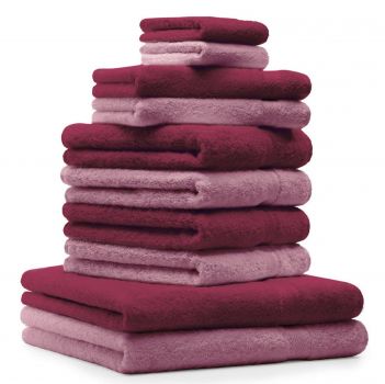 Betz Set di 10 asciugamani Classic-Premium 2 lavette 2 asciugamani per ospiti 4 asciugamani 2 asciugamani da doccia 100 % cotone colore rosa antico e rosso scuro