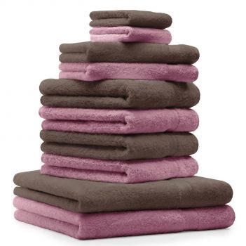 Betz Juego de 10 toallas CLASSIC 100% algodón 2 toallas de baño 4 toallas de lavabo 2 toallas de tocador 2 toallas faciales rosa y marrón nuez