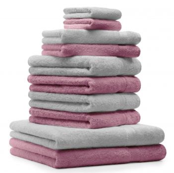 Betz Set di 10 asciugamani Classic-Premium 2 lavette 2 asciugamani per ospiti 4 asciugamani 2 asciugamani da doccia 100 % cotone colore rosa antico e grigio argento
