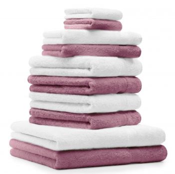 Betz Juego de 10 toallas CLASSIC 100% algodón 2 toallas de baño 4 toallas de lavabo 2 toallas de tocador 2 toallas faciales rosa y blanco