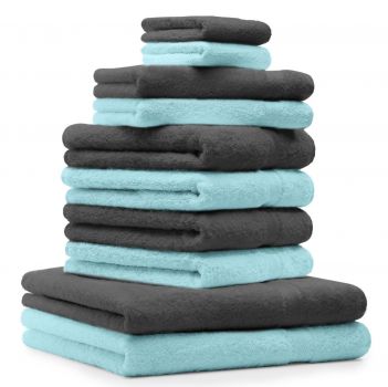 Betz 10 Piece Towel Set CLASSIC 100% Cotton 2 Face Cloths 2 Guest Towels 4 Hand Towels 2 Bath Towels Colour: turquoise & anthracite