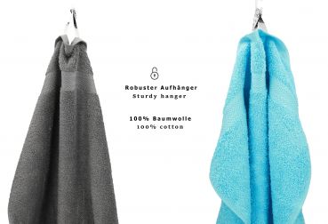 Betz Juego de 10 toallas CLASSIC 100% algodón 2 toallas de baño 4 toallas de lavabo 2 toallas de tocador 2 toallas faciales turquesa y gris antracita