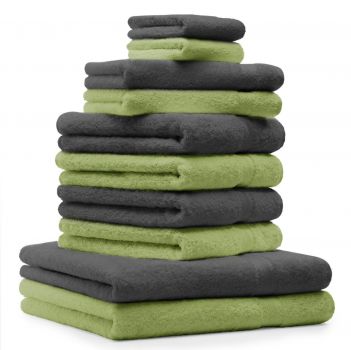 Lot de 10 serviettes "Classic" - Premium, 2 débarbouillettes, 2 serviettes d'invité, 4 serviettes de toilette, 2 serviettes de bain gris anthracite et vert pomme de Betz