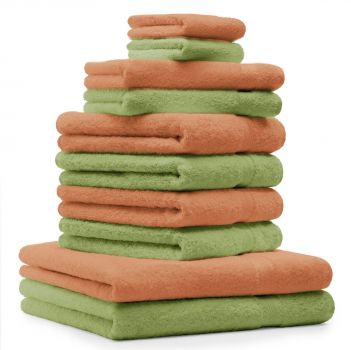 Betz Set di 10 asciugamani Classic-Premium 2 lavette 2 asciugamani per ospiti 4 asciugamani 2 asciugamani da doccia 100 % cotone colore verde mela e arancione