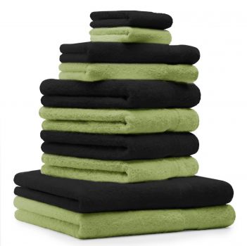 Betz 10 Piece Towel Set CLASSIC 100% Cotton 2 Face Cloths 2 Guest Towels 4 Hand Towels 2 Bath Towels Colour: apple green & black